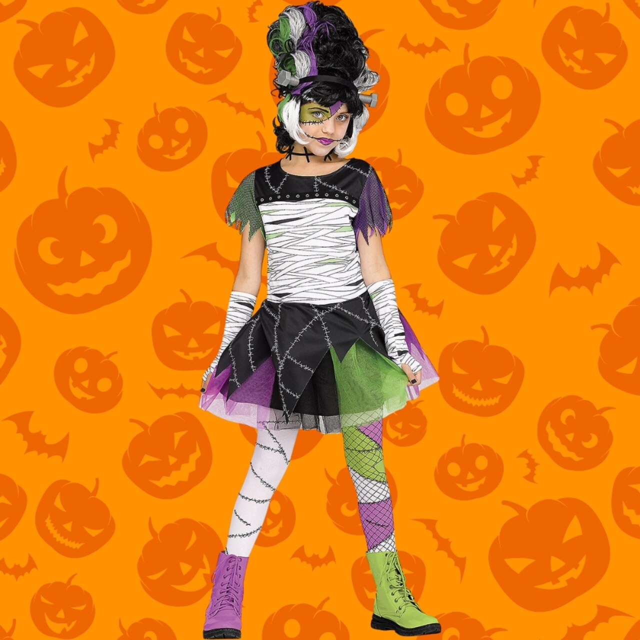 Monster Bride Child Halloween Costume with Dress Headband Tights